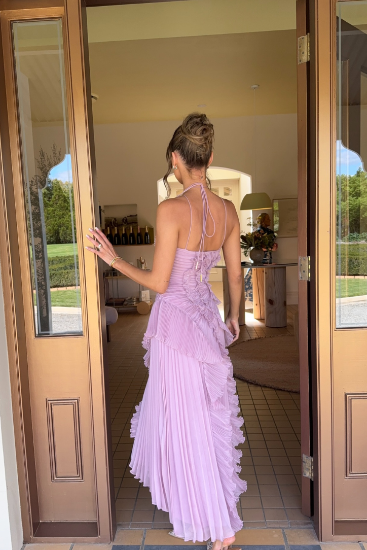 Stylish women's A-line pleated midi dress with ruffle details and halter neckline, perfect for formal events & parties.