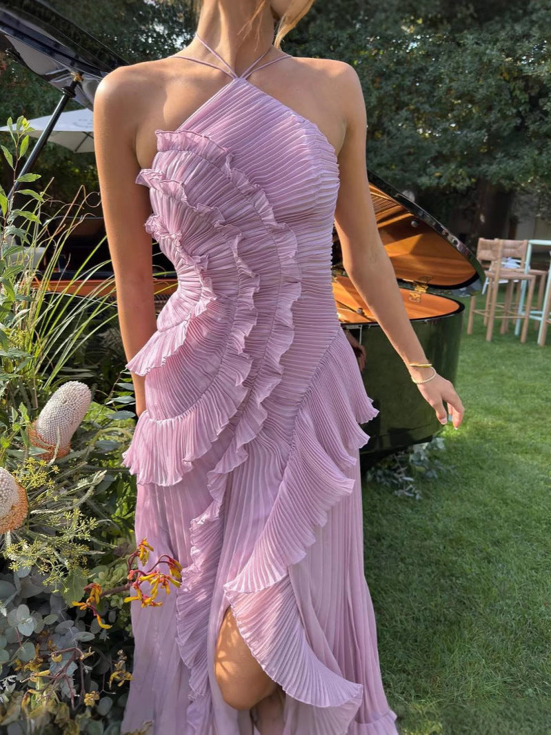 Graceful women's pleated midi dress with a flowing ruffle halter, perfect for formal occasions, evening, or party wear.