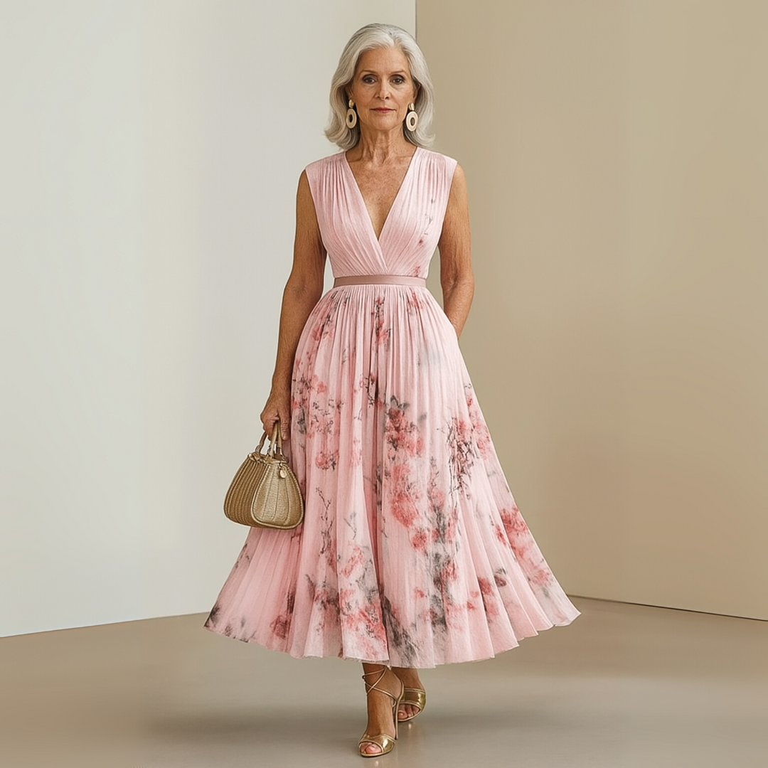 Chic women's V-neck pleated maxi dress, sleeveless, perfect for spring/summer parties, vacations & beach.