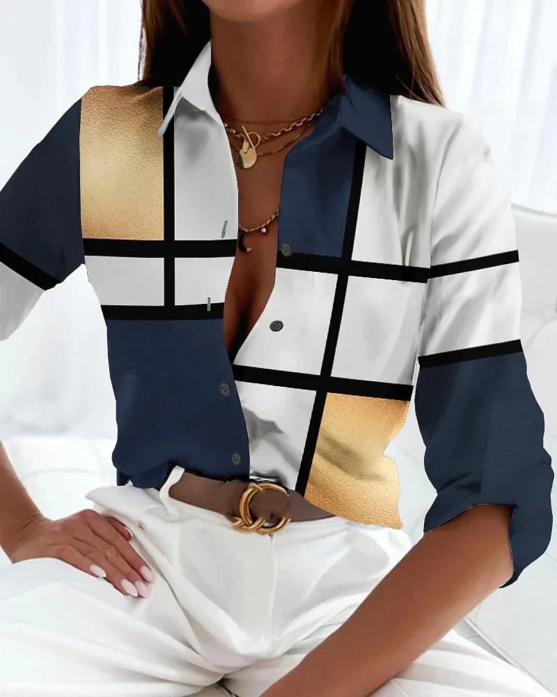 Women's plus size button-up shirt with vibrant abstract geometric print. Long sleeve casual blouse for modern style.