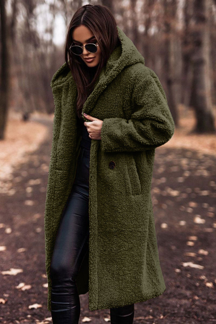 Stylish women's mid-calf hooded coat made from soft faux shearling