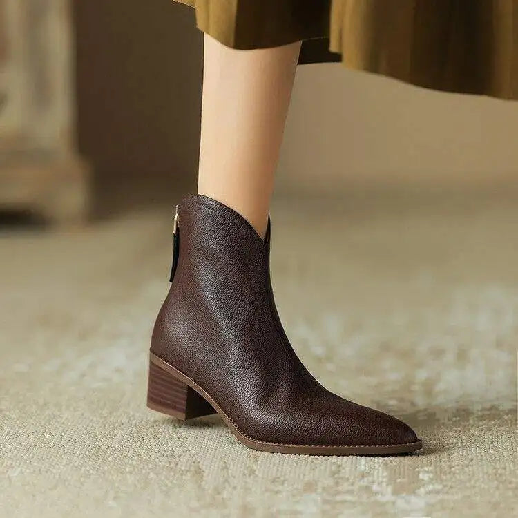 Women's pointed toe ankle boots, slip-on low heel for office & elegant style.