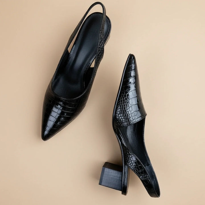 Stylish dark brown women's orthopedic block heel slingback with pointed toe. Comfort dress shoes for work or fashion.