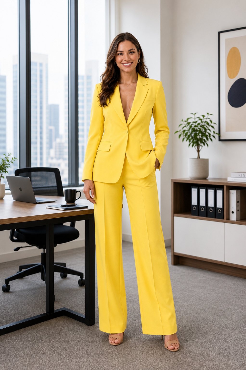 Women's two-piece structured blazer and trousers set. A polished, professional outfit for work or events.