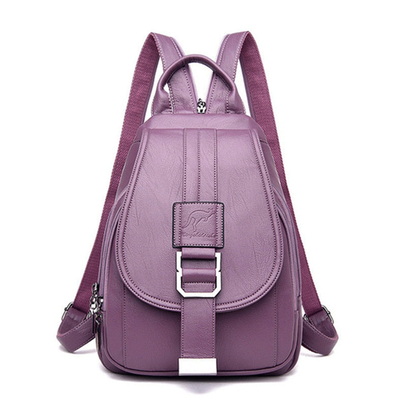 Elegant women's premium leather water-resistant backpack, ideal for travel & urban commute.