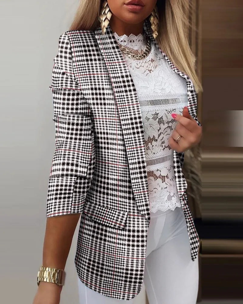 Women's fashion printed 3/4 sleeve open front blazer. A versatile workwear & casual statement piece for women.