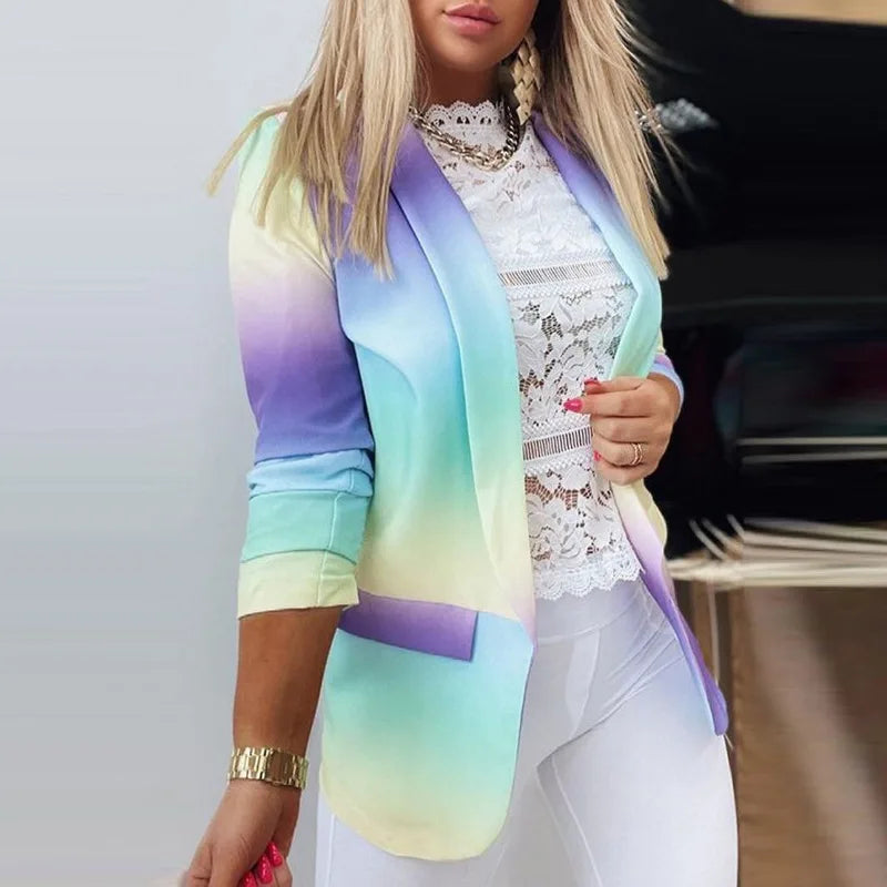 Chic women's printed 3/4 sleeve open front blazer. Ideal for adding style to women's casual or professional outfits.