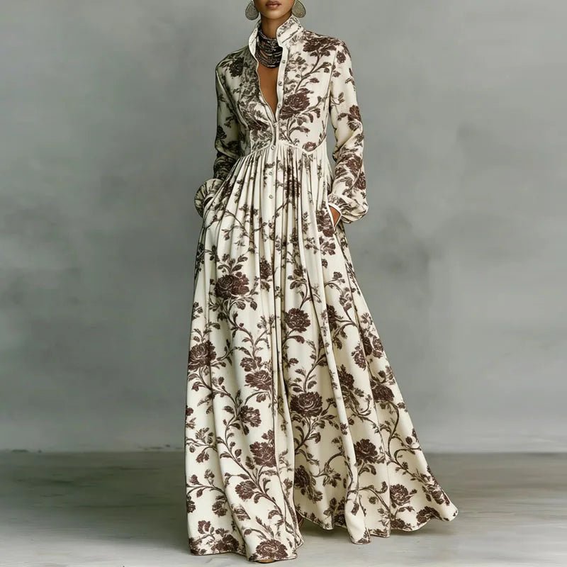 Elegant women's bohemian maxi dress, button-front, stand collar, & vibrant print. Ideal for casual spring fashion.
