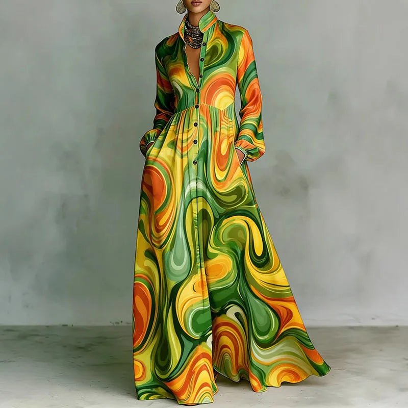 Casual women's long sleeve bohemian maxi dress with vibrant print & stand collar. Great for spring/summer events.