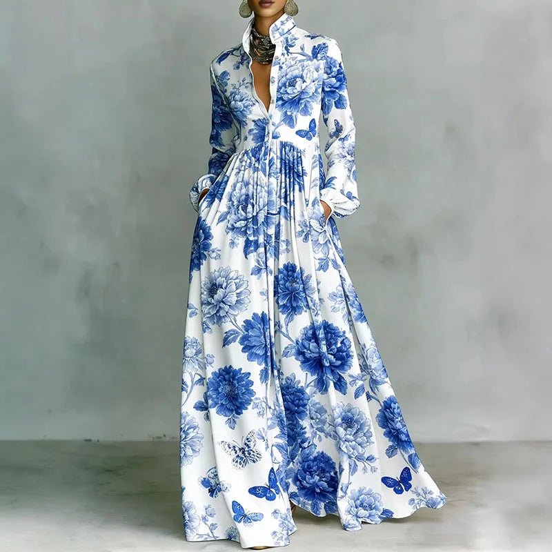 Comfortable women's printed bohemian maxi dress. High-waist, button-front, stand collar. Elegant spring fashion.
