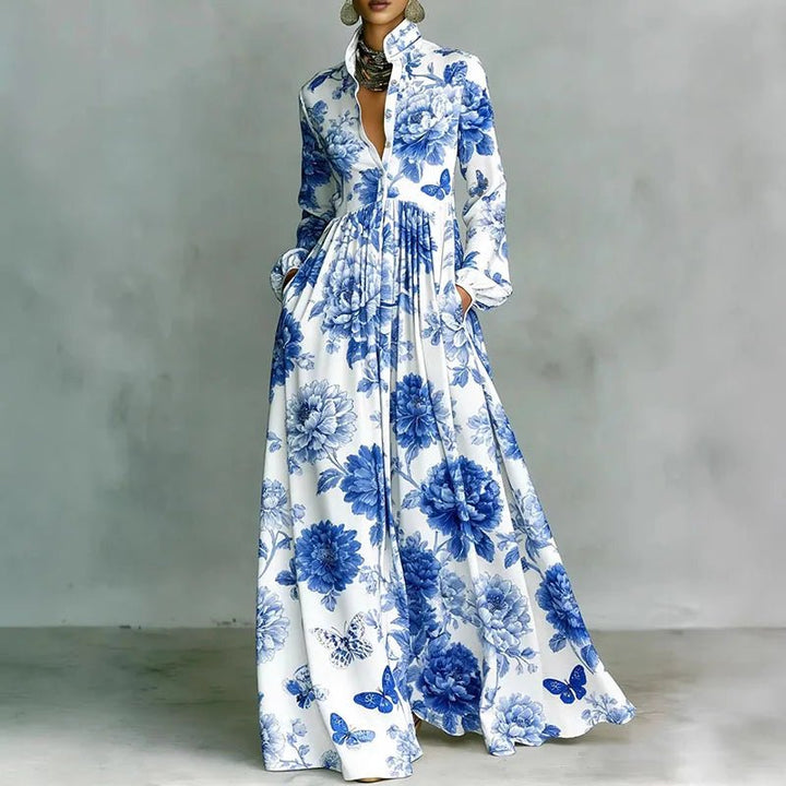 Comfortable women's printed bohemian maxi dress. High-waist, button-front, stand collar. Elegant spring fashion.