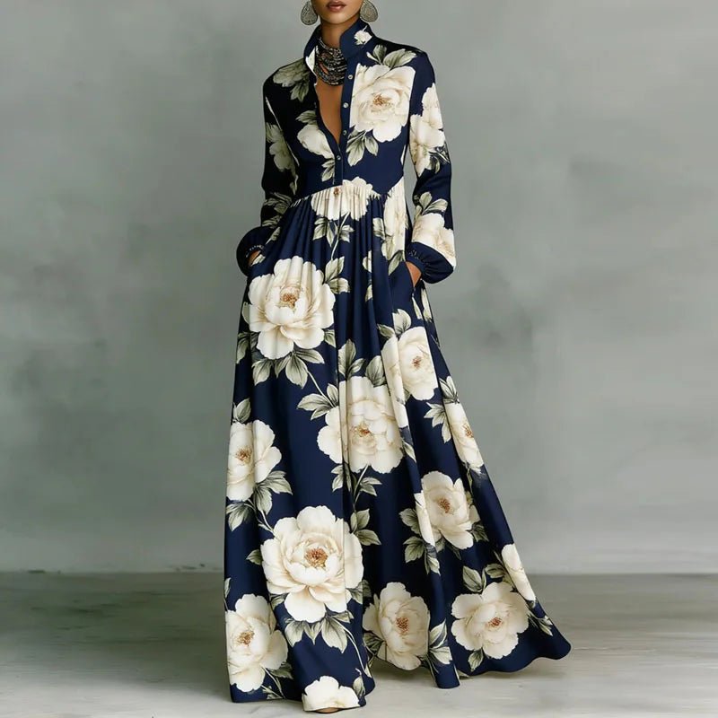 Stylish women's maxi dress. Printed bohemian design, stand collar, long sleeves, & flowy silhouette. Spring/summer.