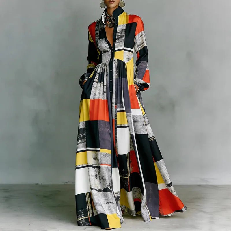 Versatile women's button-front bohemian maxi dress. Printed, stand collar, long sleeve. Casual or elegant spring style.