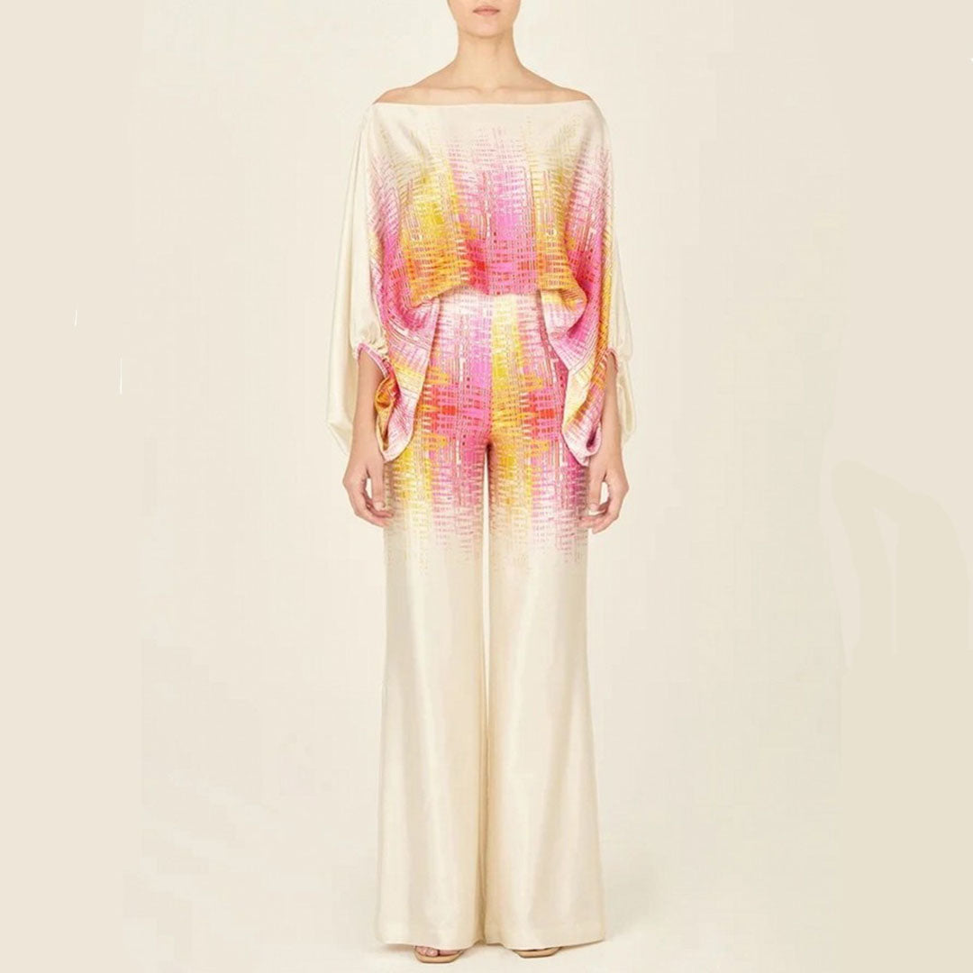 Elegant women's 2-piece co-ord set featuring a printed one-shoulder top and comfortable wide-leg pants.