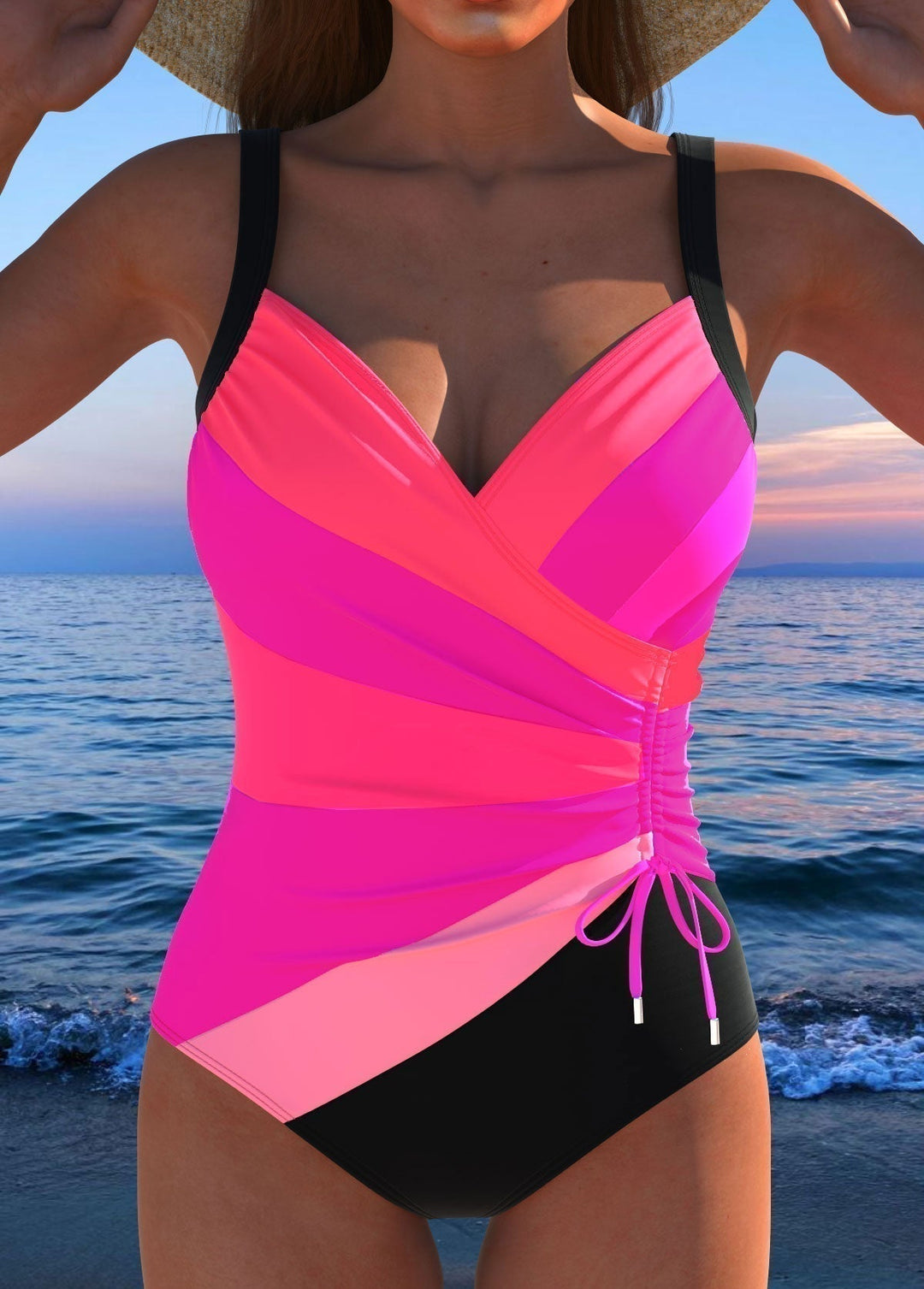 Elegant women's printed swimwear with tummy control, a surplice front, and a flattering one-piece design.