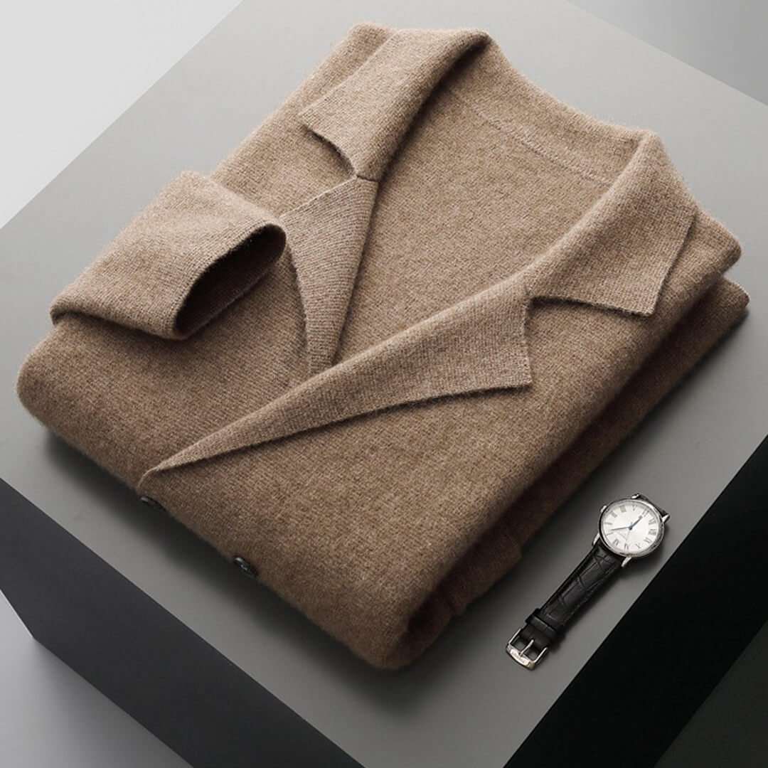 Full-length view of a woman wearing a tailored fit cashmere button-front cardigan sweater, winter essential
