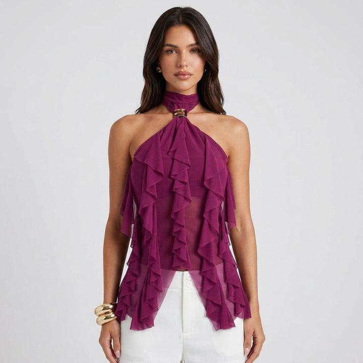 Women's purple ruffle halter top, sleeveless cascading blouse for elegant evening wear.