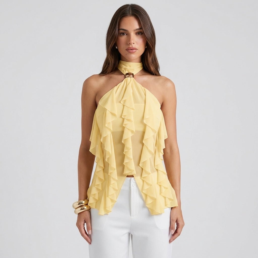 Women's black ruffle halter top, an elegant sleeveless blouse suitable for evening events.
