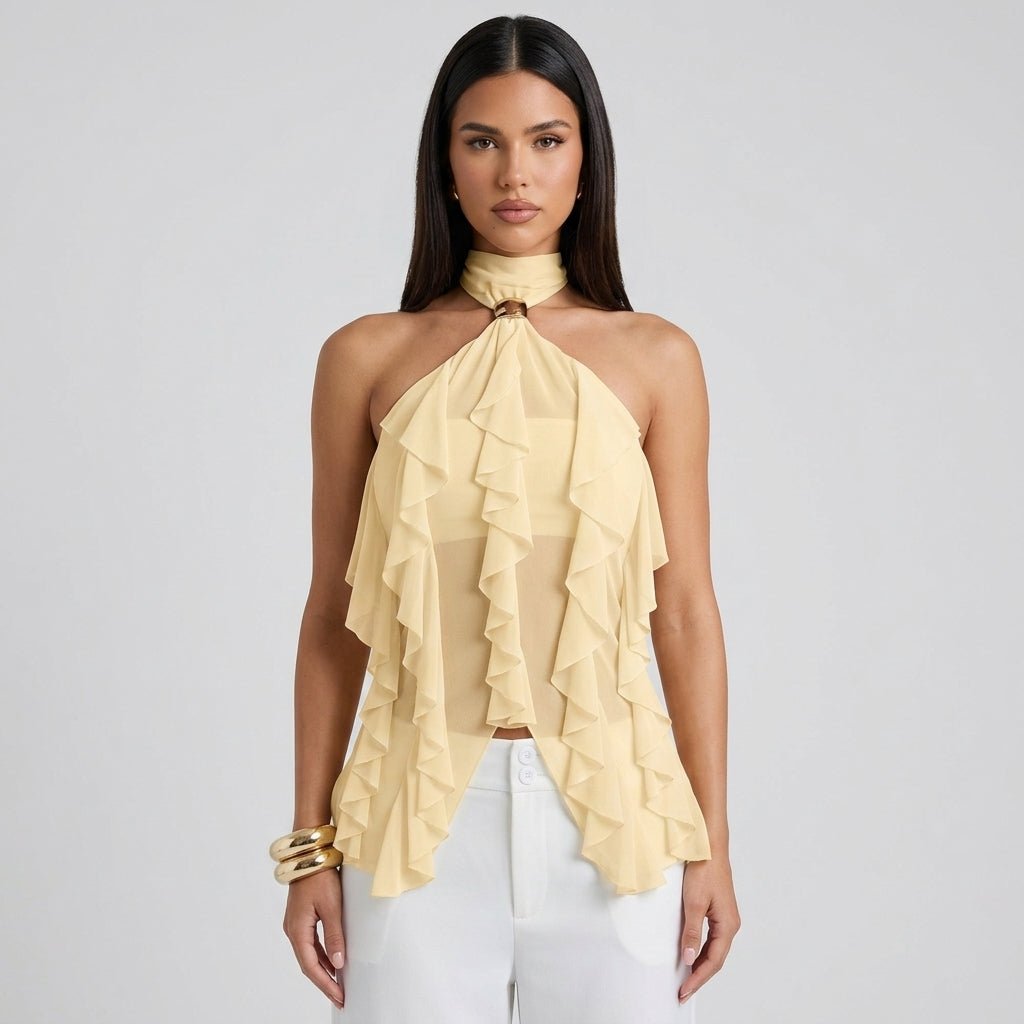 Formal purple sleeveless ruffle halter top, an elegant tie-back blouse for a refined look.