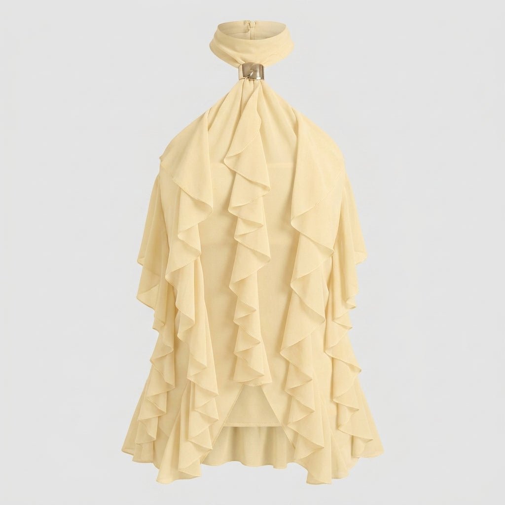 Black women's sleeveless cascading ruffle top, a chic halter blouse for any special event.