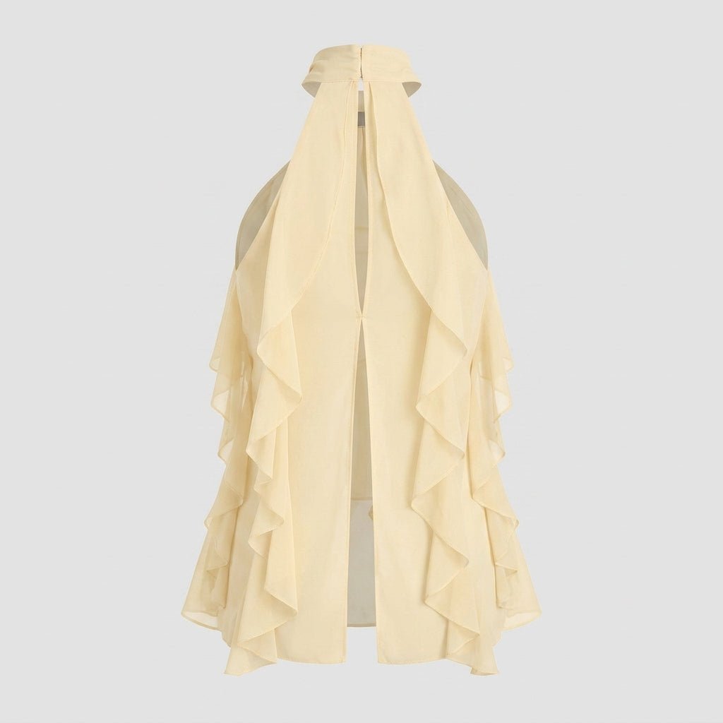 Elegant yellow ruffle halter top, a sleeveless women's blouse perfect for evening parties.