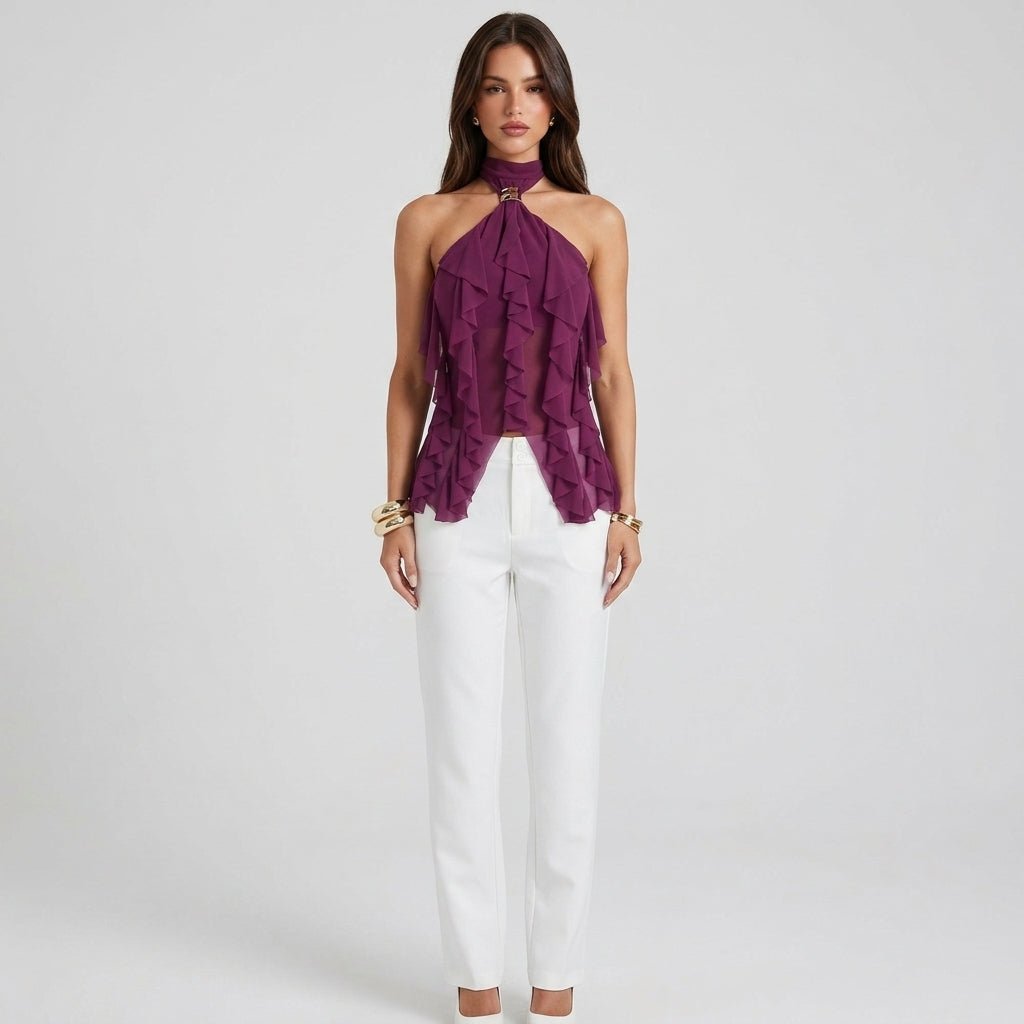 Yellow women's cascading ruffle halter top, elegant sleeveless blouse perfect for formal events.