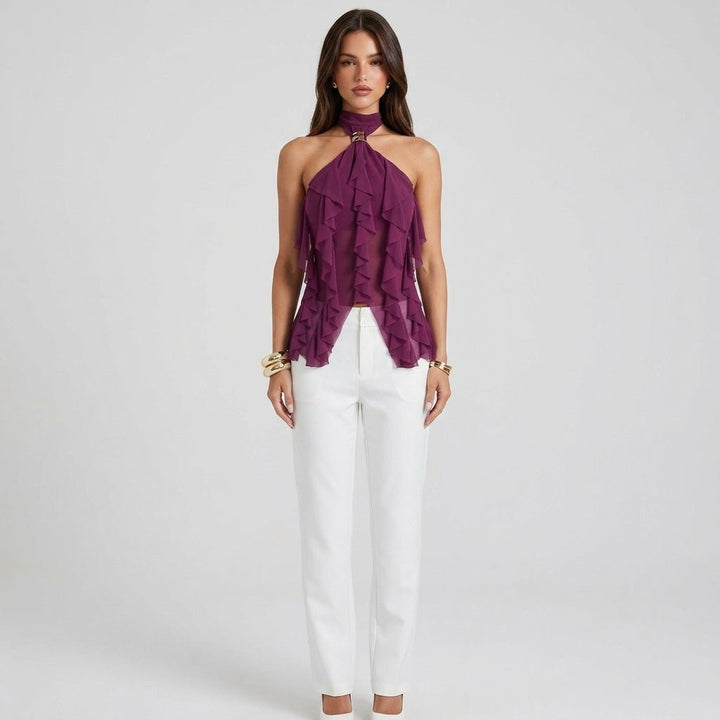 Yellow women's cascading ruffle halter top, elegant sleeveless blouse perfect for formal events.