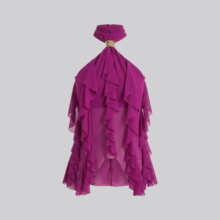 Elegant sleeveless ruffle halter blouse in purple, a sophisticated top for evening wear.