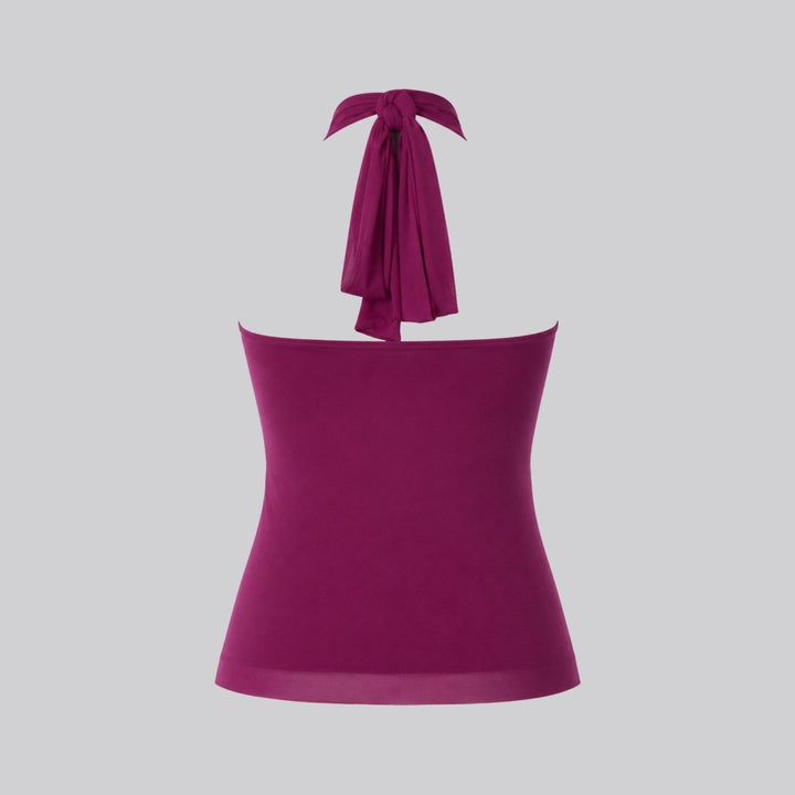 Chic black women's ruffle halter top, a sleeveless evening blouse with a mock neck design.