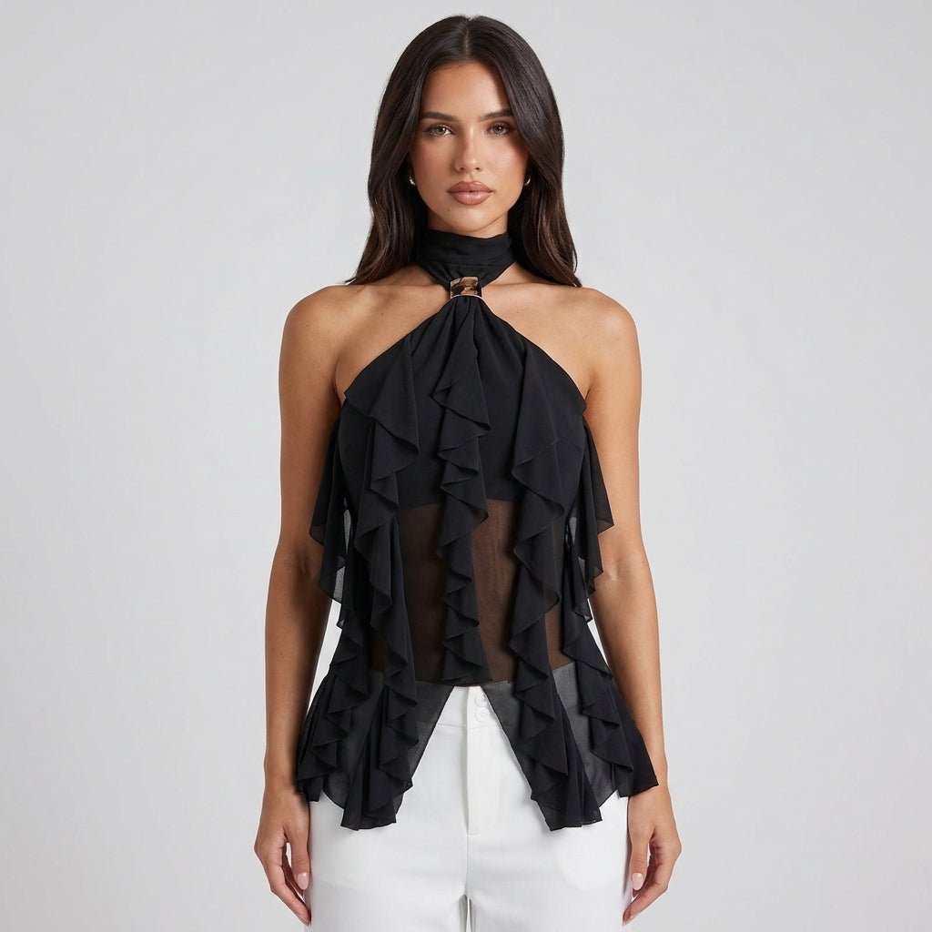 Stylish yellow sleeveless cascading ruffle top, a flattering halter blouse for women.