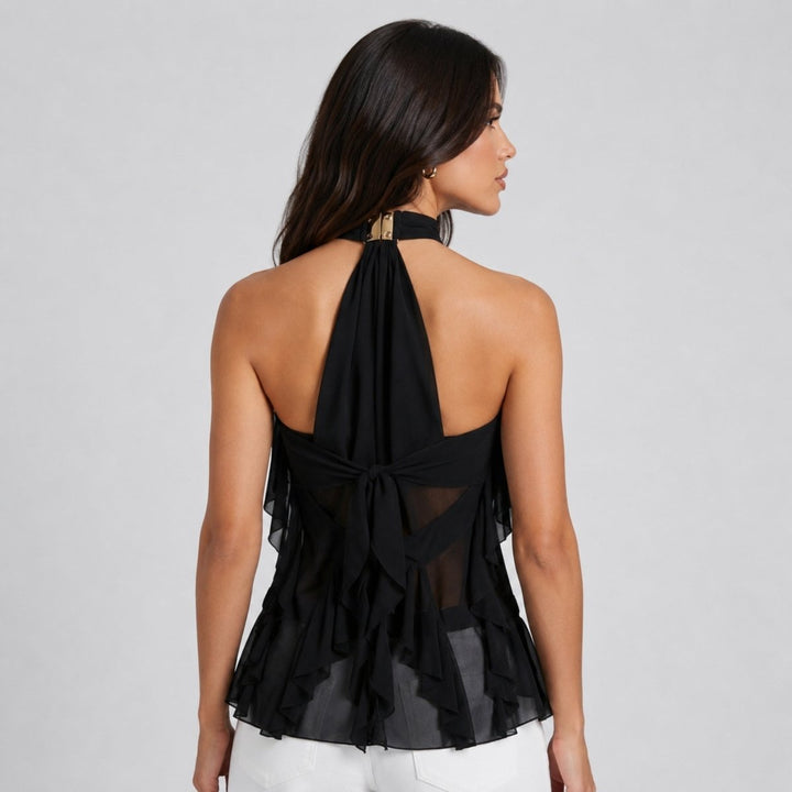 Purple women's formal ruffle halter blouse, an elegant sleeveless top with a tie back closure.
