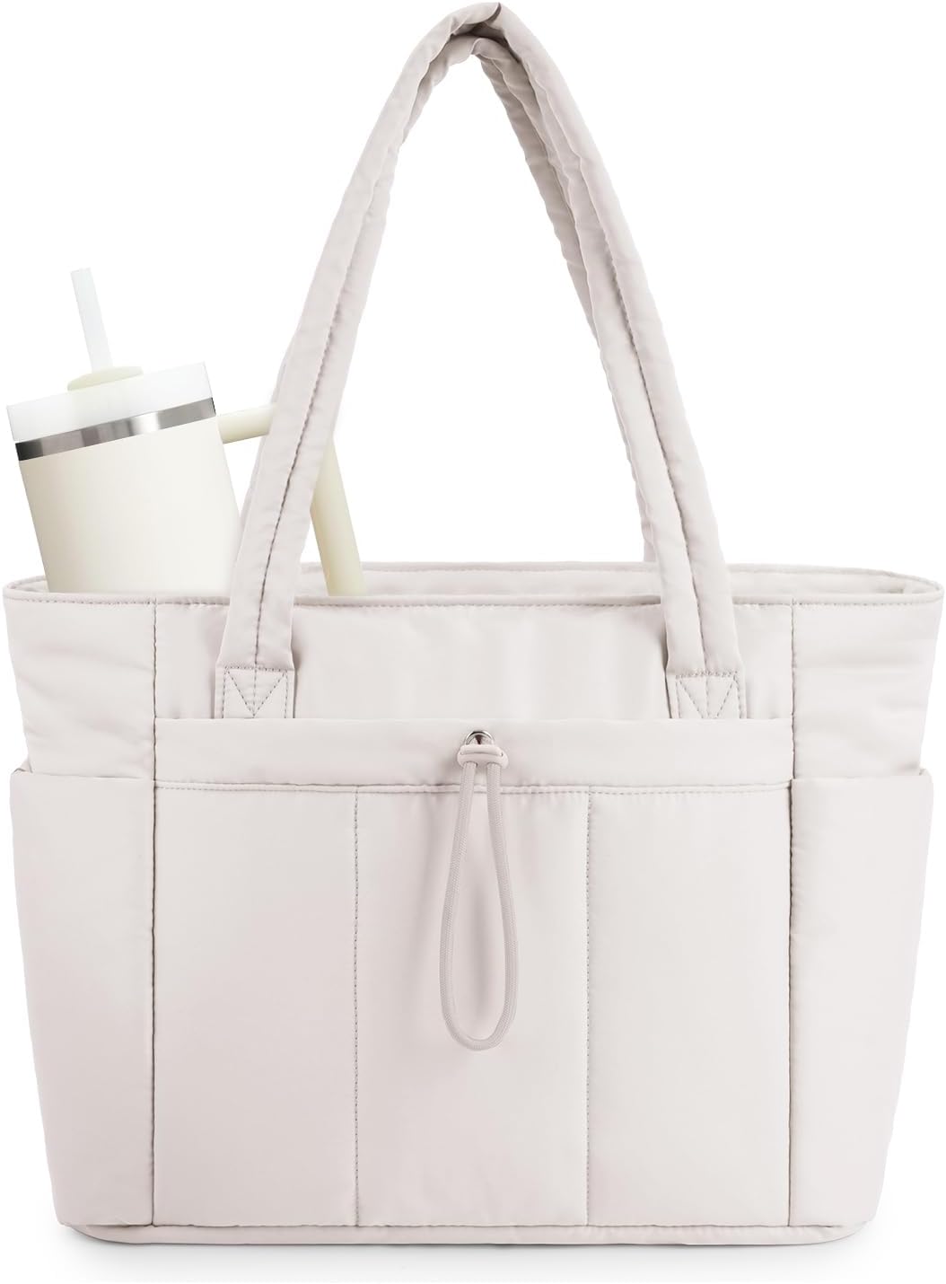 Women's quilted puffer tote bag with laptop sleeve and cup holder.