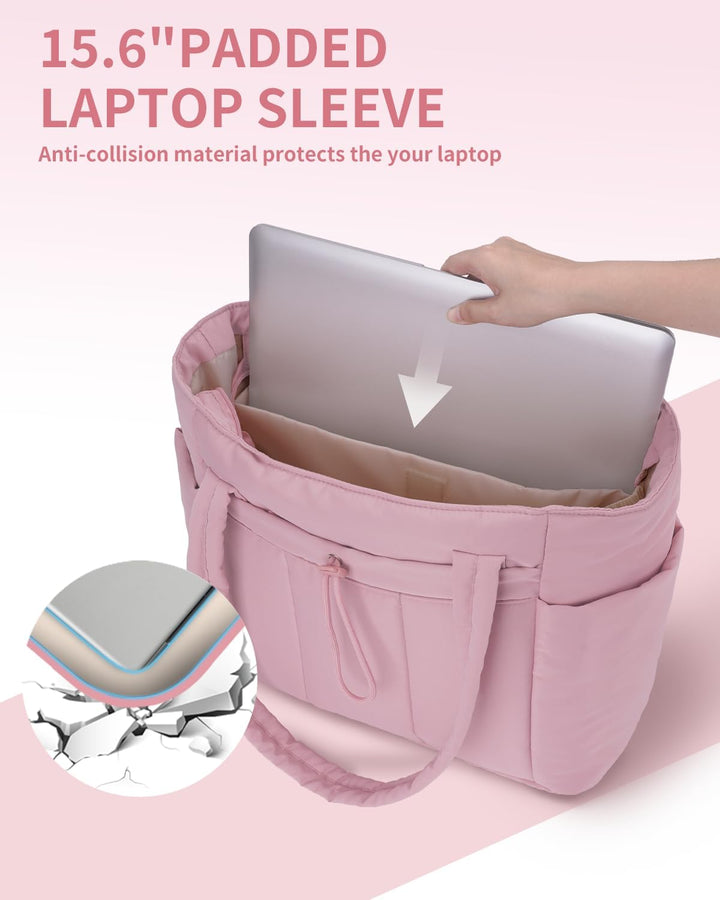Professional women's laptop tote bag, quilted puffer finish.