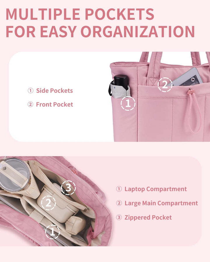 Women's quilted puffer bag, spacious interior, multiple pockets & cup holder.