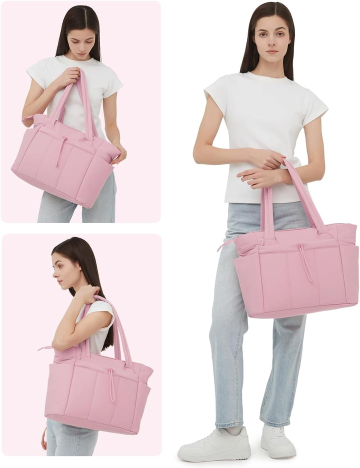 Practical women's travel tote, quilted puffer, ideal for carry-on with laptop.