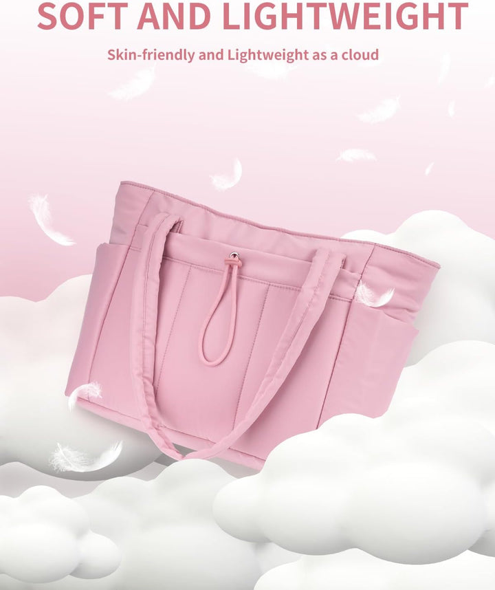 Everyday women's shoulder bag: quilted puffer texture, secure laptop sleeve.