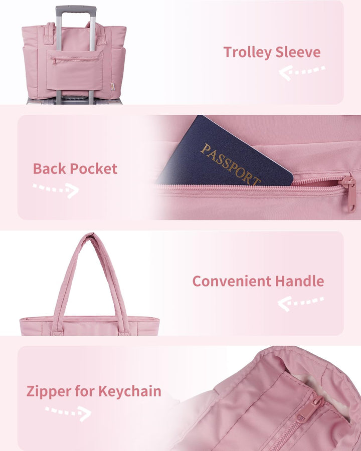 Women's work bag, quilted puffer design, built-in laptop sleeve & drink holder.