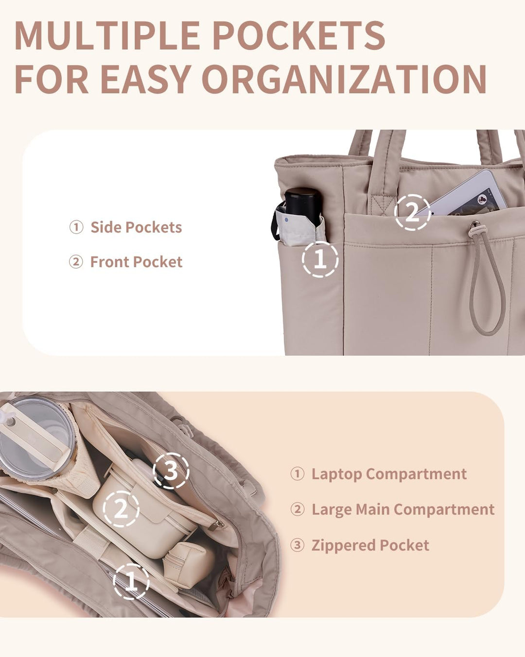 Organized women's shoulder bag, quilted puffer, with laptop & cup storage.