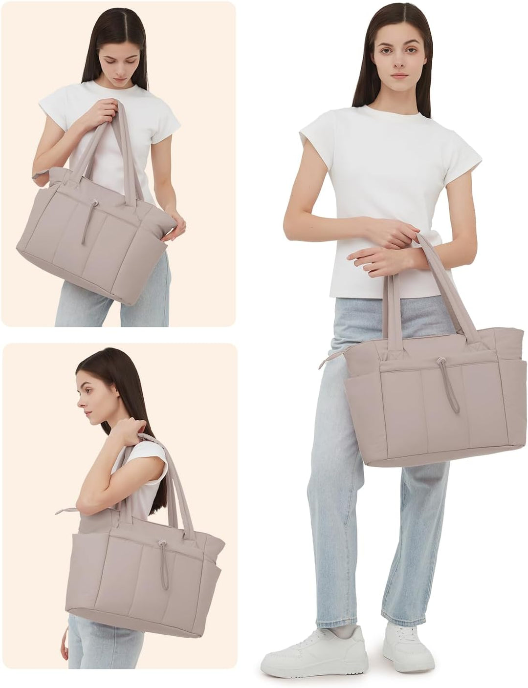 Women's quilted puffer tote bag showcasing its roomy interior.