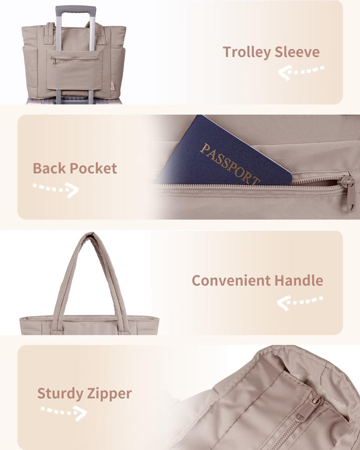 Women's tote bag held by hand, highlighting the stylish quilted puffer design.