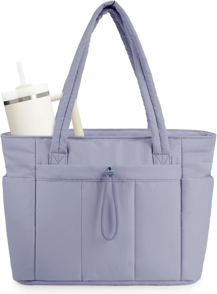 Detail of the cup holder feature in the women's quilted puffer tote bag.