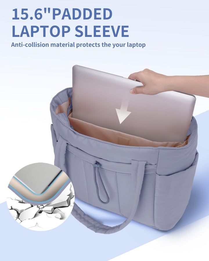 Smart women's work tote: quilted puffer, designed for laptops & beverages.