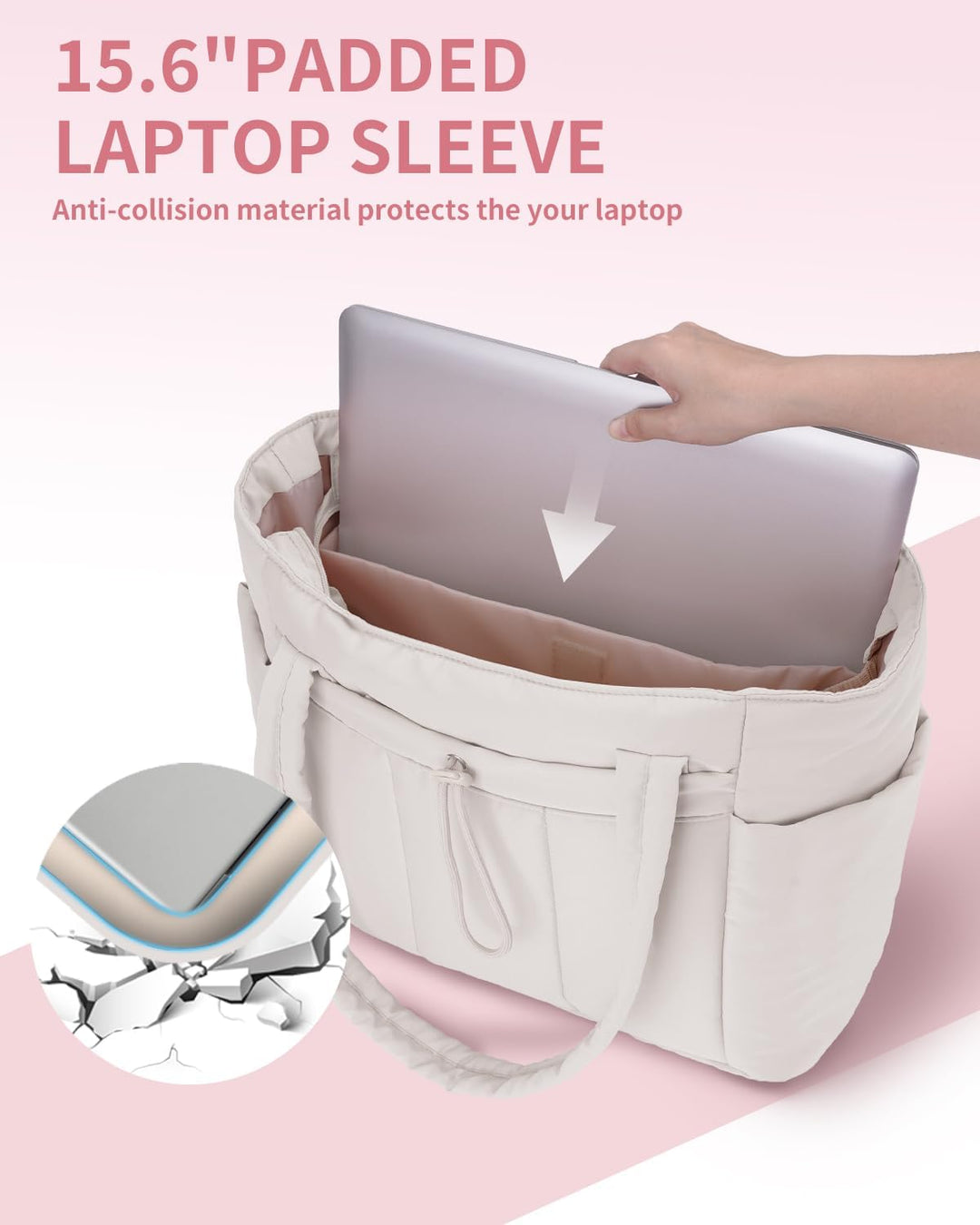 Spacious quilted tote for women, featuring a padded laptop sleeve & cup holder.