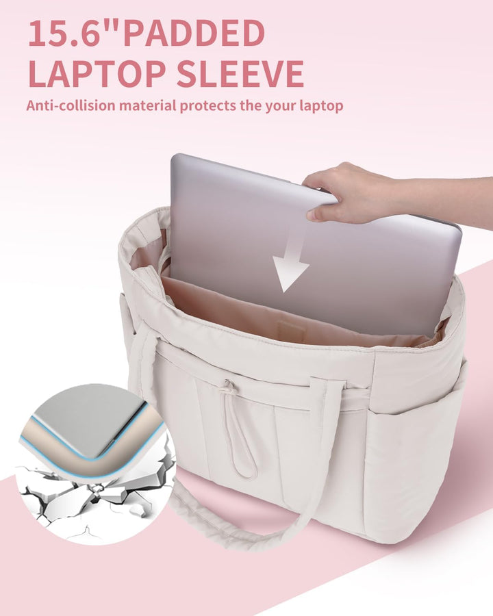 Spacious quilted tote for women, featuring a padded laptop sleeve & cup holder.
