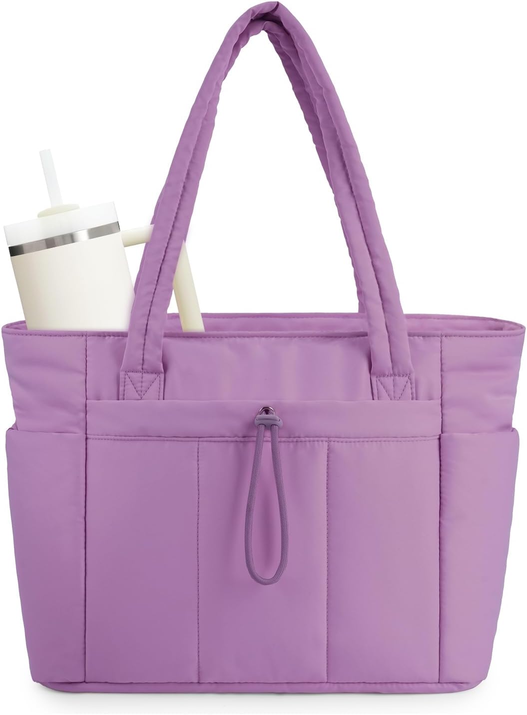 On-the-go women's bag: quilted puffer tote with easy access cup holder.