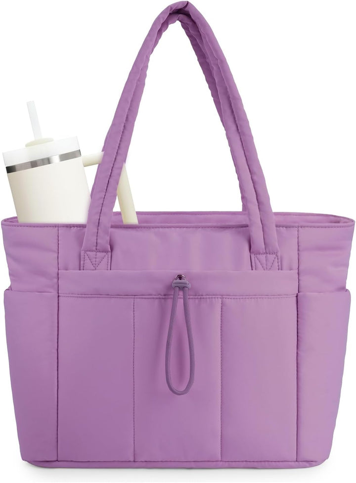 On-the-go women's bag: quilted puffer tote with easy access cup holder.