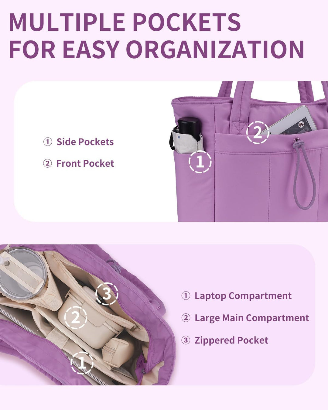 Women's work-to-gym tote: quilted puffer, versatile & stylish.