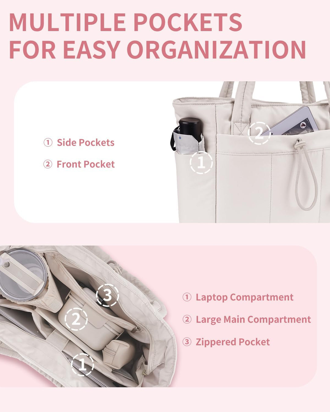 Modern women's travel bag: quilted puffer tote with laptop compartment.