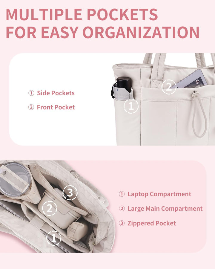 Modern women's travel bag: quilted puffer tote with laptop compartment.