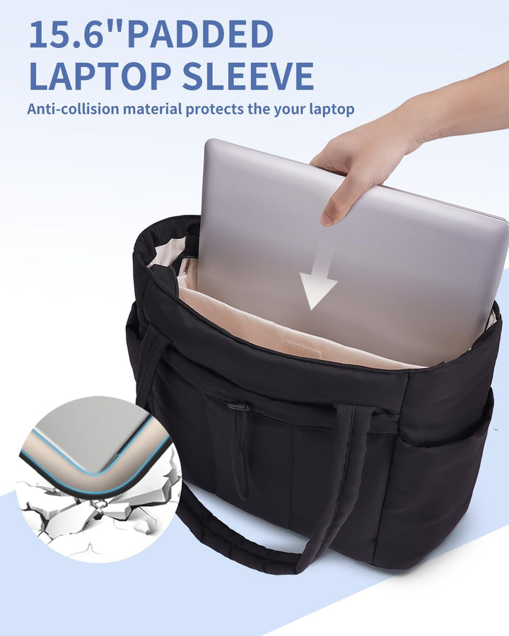 The ultimate women's daily bag: quilted puffer, with laptop sleeve & cup holder.